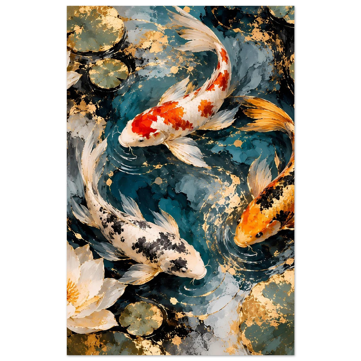 Kunstposter mit Koi-Fischen, weißer und orangefarbener Schuppenoptik sowie Lotusblüten