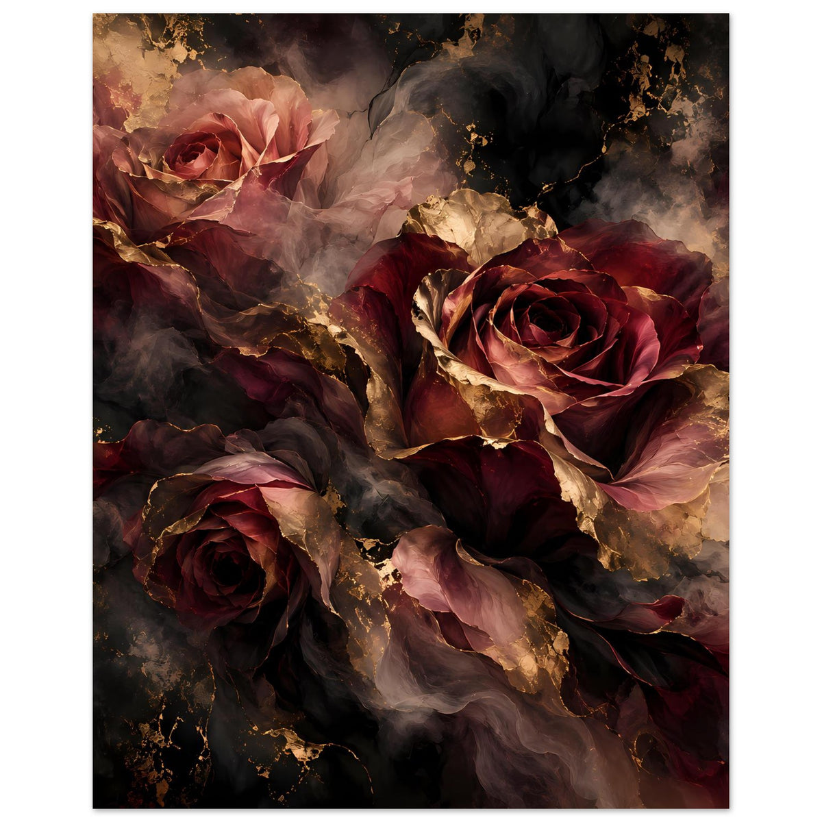 Poster mit zentraler Rosenblüte in Burgunderrot, umrahmt von weiteren dunklen Rosen und Goldakzenten
