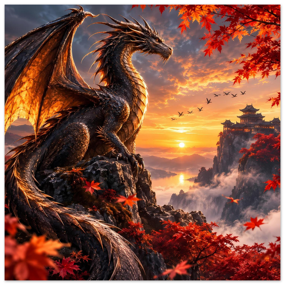 Drachenposter: schwarzer Drache auf Felsen, Pagode und rote Ahornblätter im Sonnenuntergang