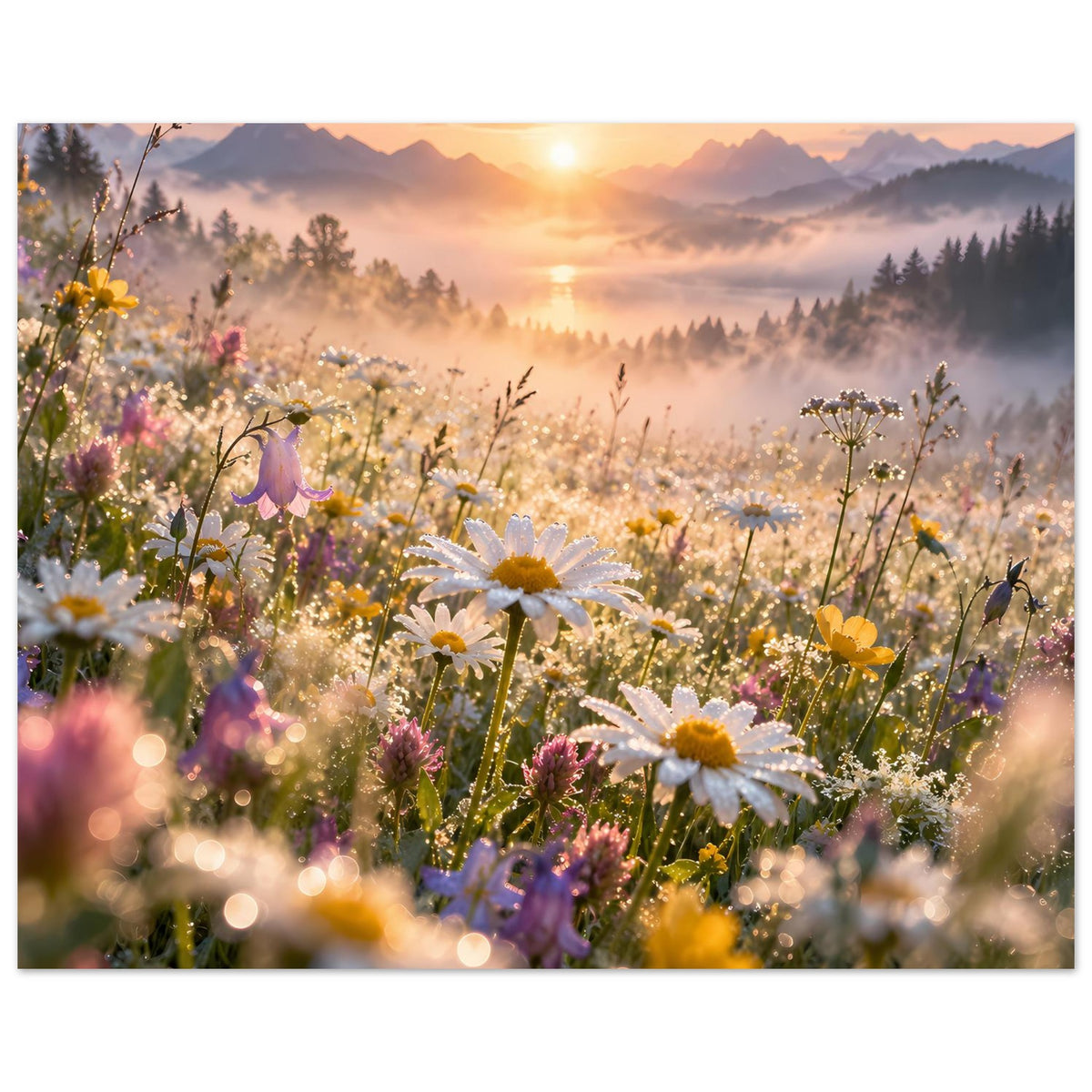 Blumenwiesen-Poster mit Gänseblümchen, gelben Blüten und Nebel über einer Berglandschaft.