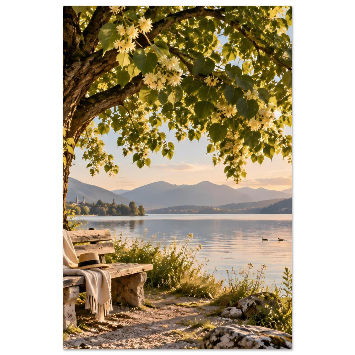 Posterdruck im Hochformat: Seeufer mit Baumzweigen über Wasser und Sitzbank