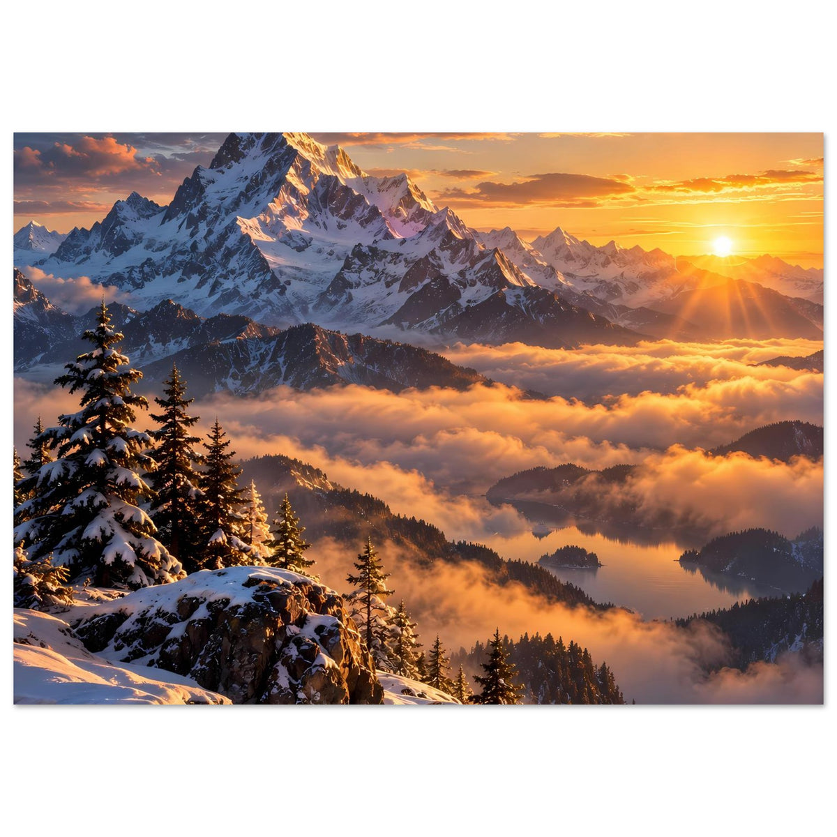 Poster im Querformat: verschneite Berge mit Nadelbäumen, Sonnenaufgang über dichten Wolken