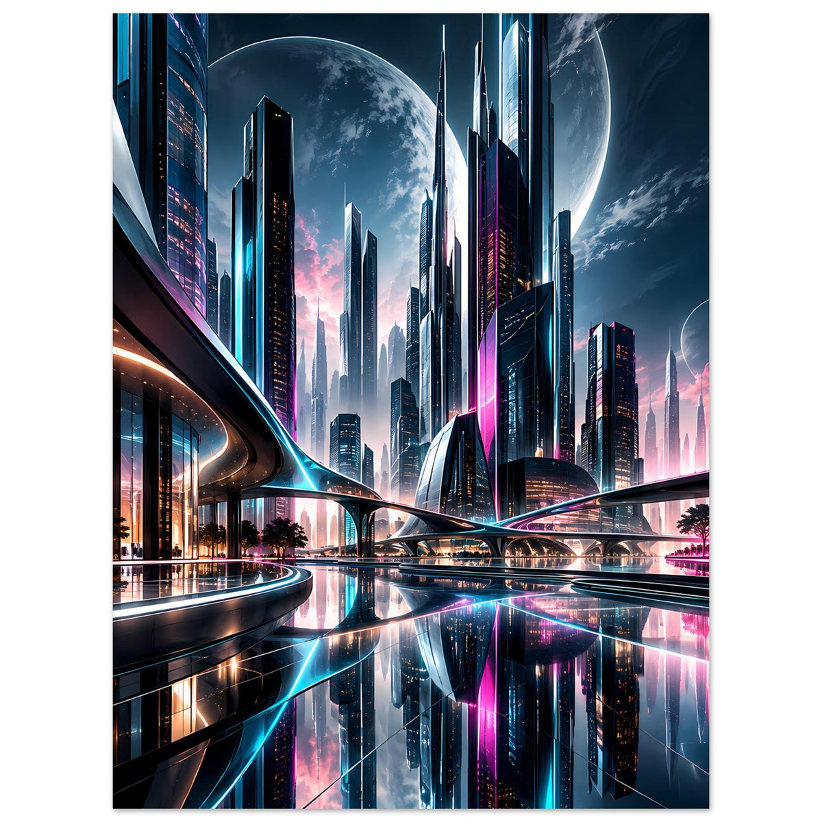Poster: Neon-Stadt-Skyline mit großer Mondsichel und Hochhäusern, Hochformat