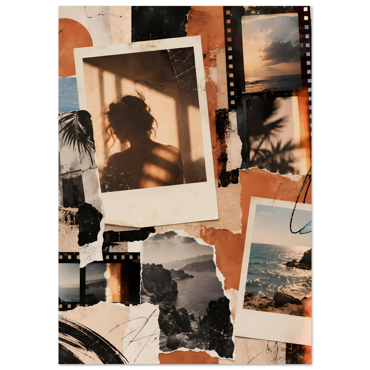 Vintage Memories Collage-Poster mit Polaroid-Rahmen, Küstenbild, Filmstreifen und Collage-Textur
