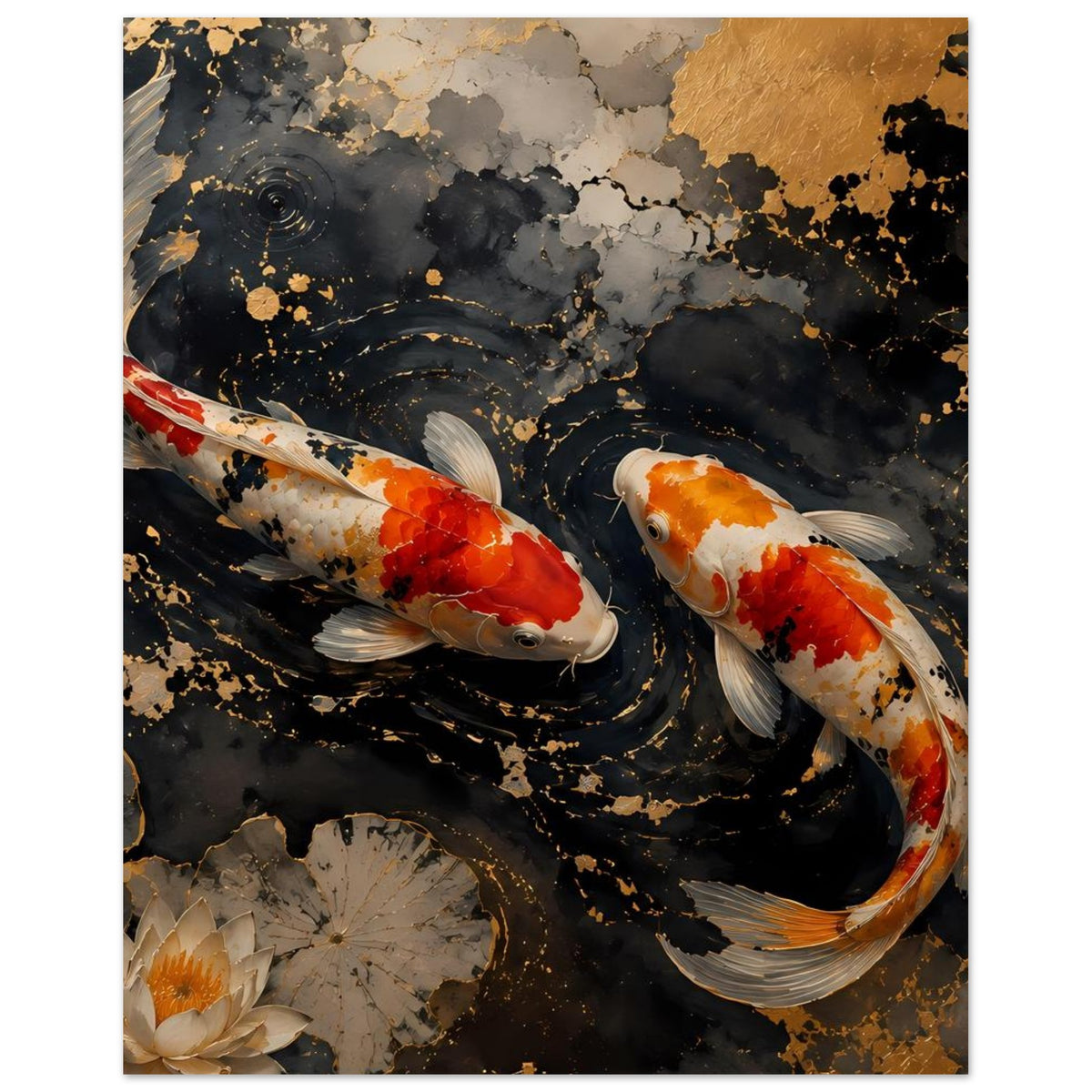 Poster mit zwei Koi-Fischen im schwarzen Wasser, goldene Sprenkel und Seerosenblüten