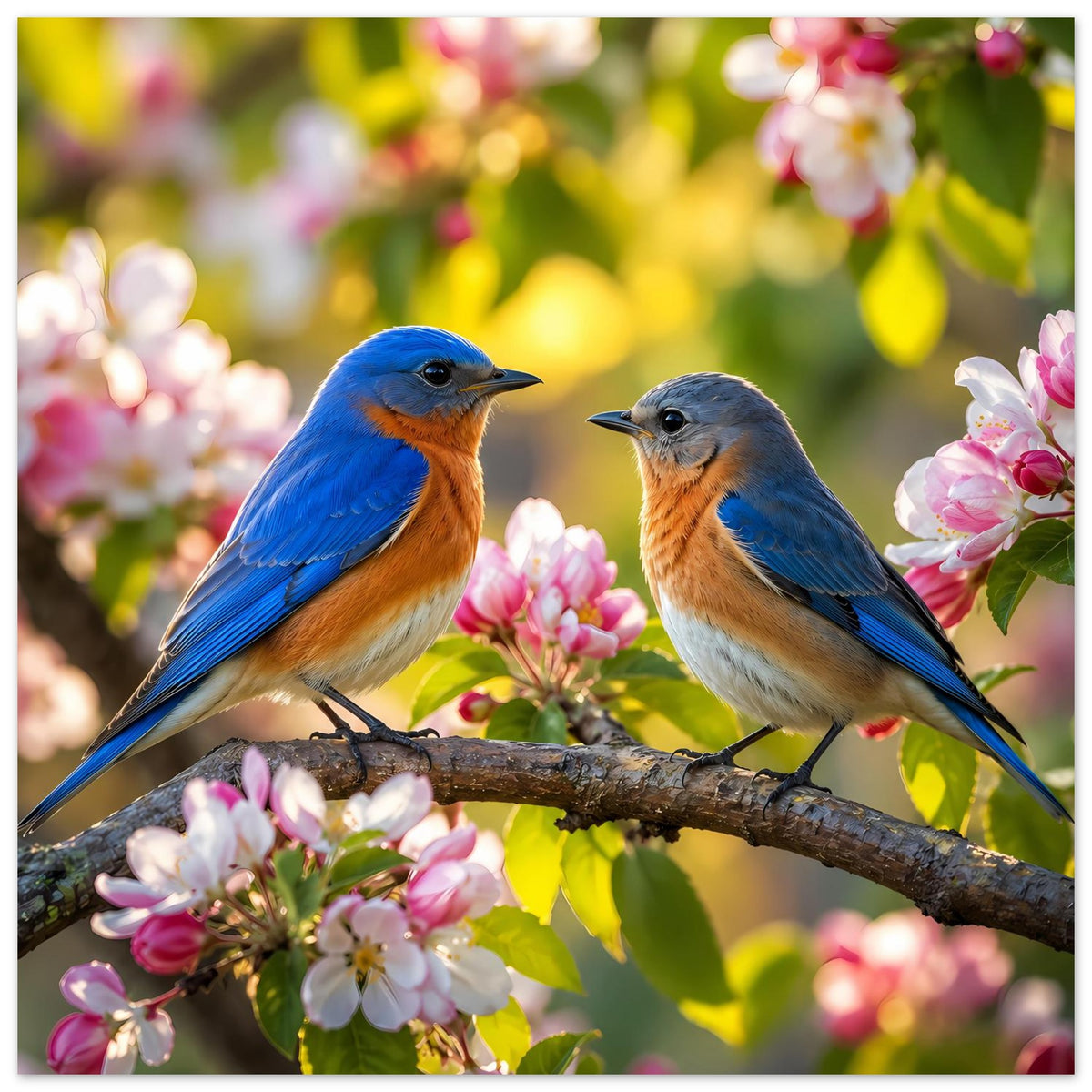 Poster: zwei blaue Singvögel auf Ast mit rosa Blüten und Blättern