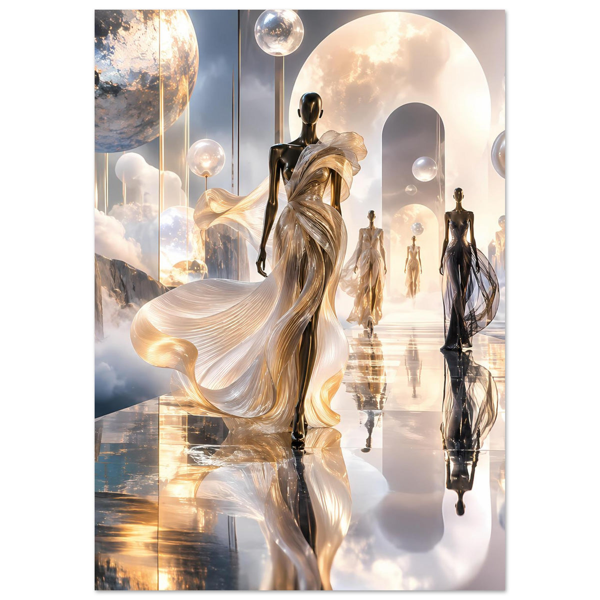Ethereales Fashion-Poster mit goldener Frauengestalt und mehreren Silhouetten, Hochformat