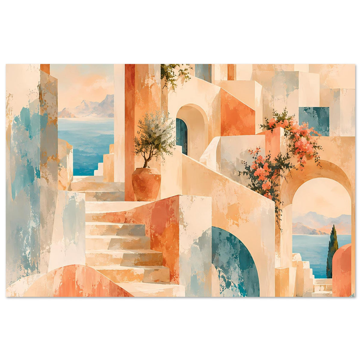 Mediterranes Poster: Treppenstufen und Bögen, Tontopf mit Pflanze sowie rosa Blüten im Motiv