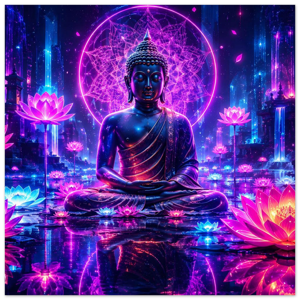 Meditierender Buddha auf dunklem Podest, umgeben von Neon-Lotusblüten und leuchtendem Ring