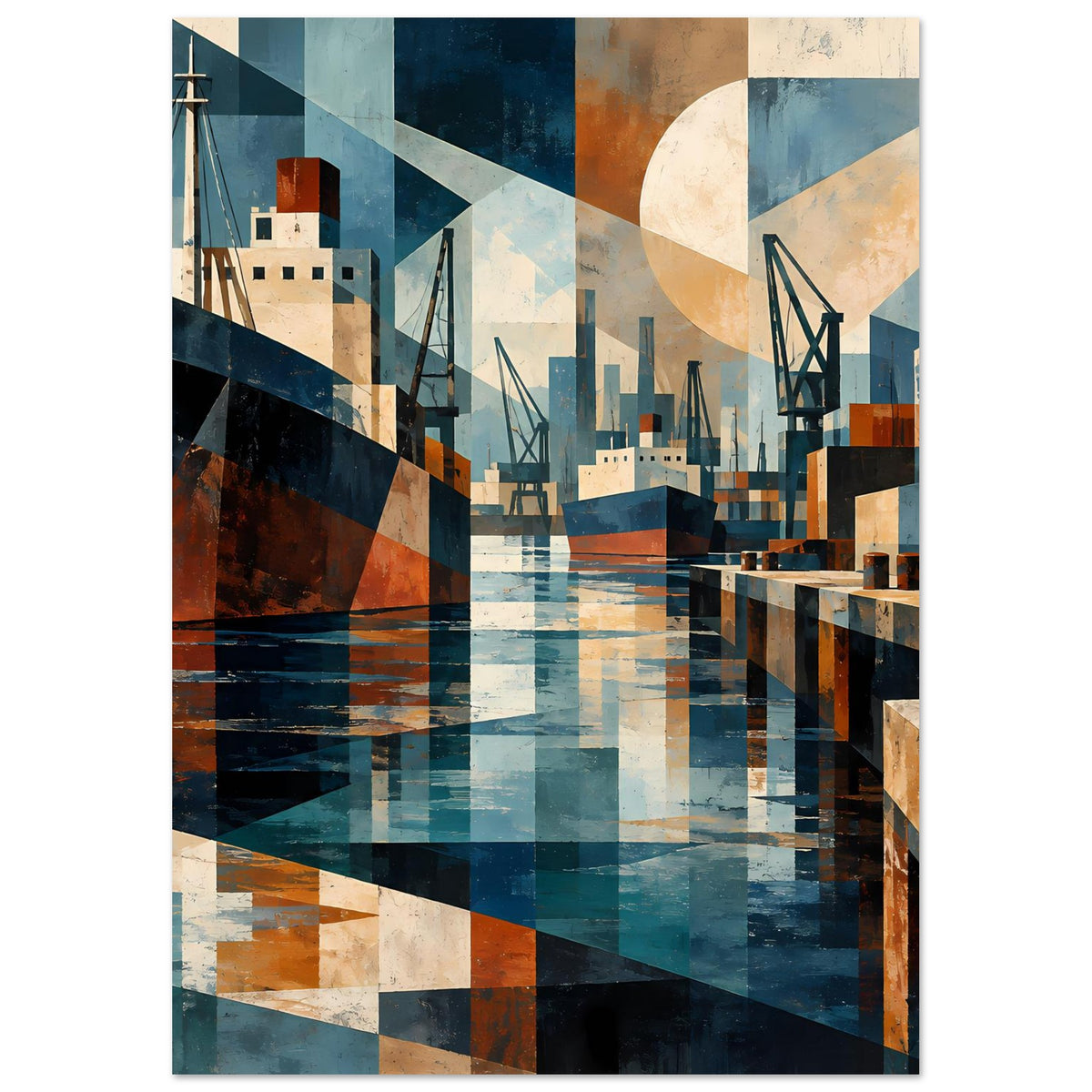 Hafen-Poster in vertikaler Ansicht, geometrische Hafenmotive, Blau und Erdtöne