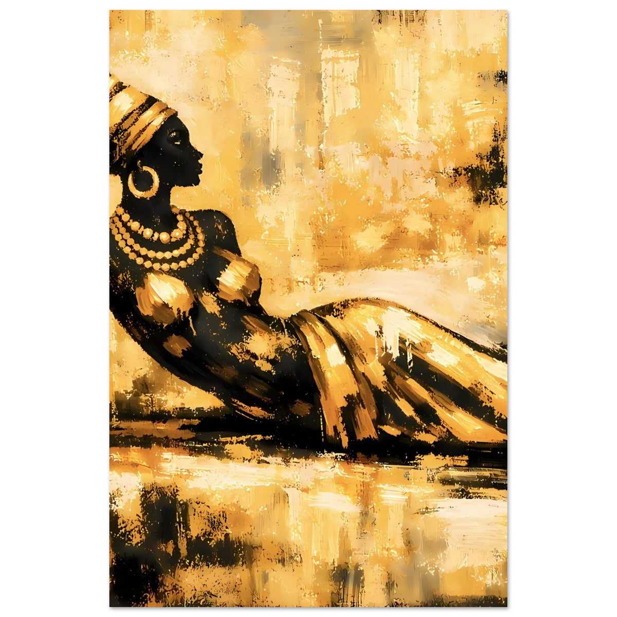 Goldenes Poster mit sitzender Frau in dunkler Kleidung, goldene Akzente, abstrakter Hintergrund
