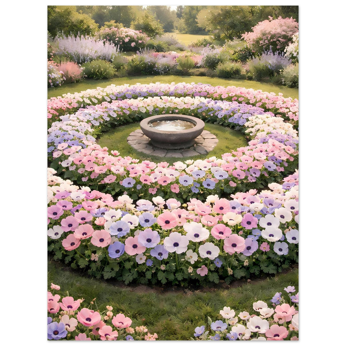 Poster mit Rundblumenbeeten und zentraler Steinschale, pastellfarbene Blüten