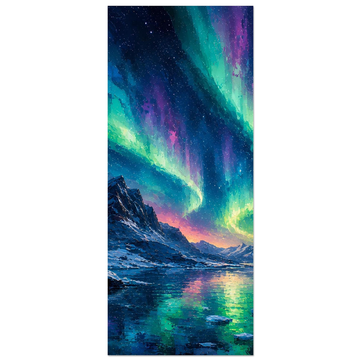 Vertikales Fine-Art-Poster mit Nordlicht in Grün, Blau und Violett über Wintersee