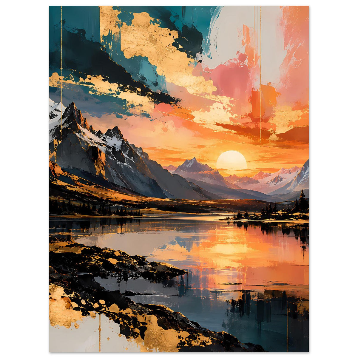 Vertikales Poster mit Sonnenuntergang über Alpenbergen, See mit Spiegelung, warme Farbpalette