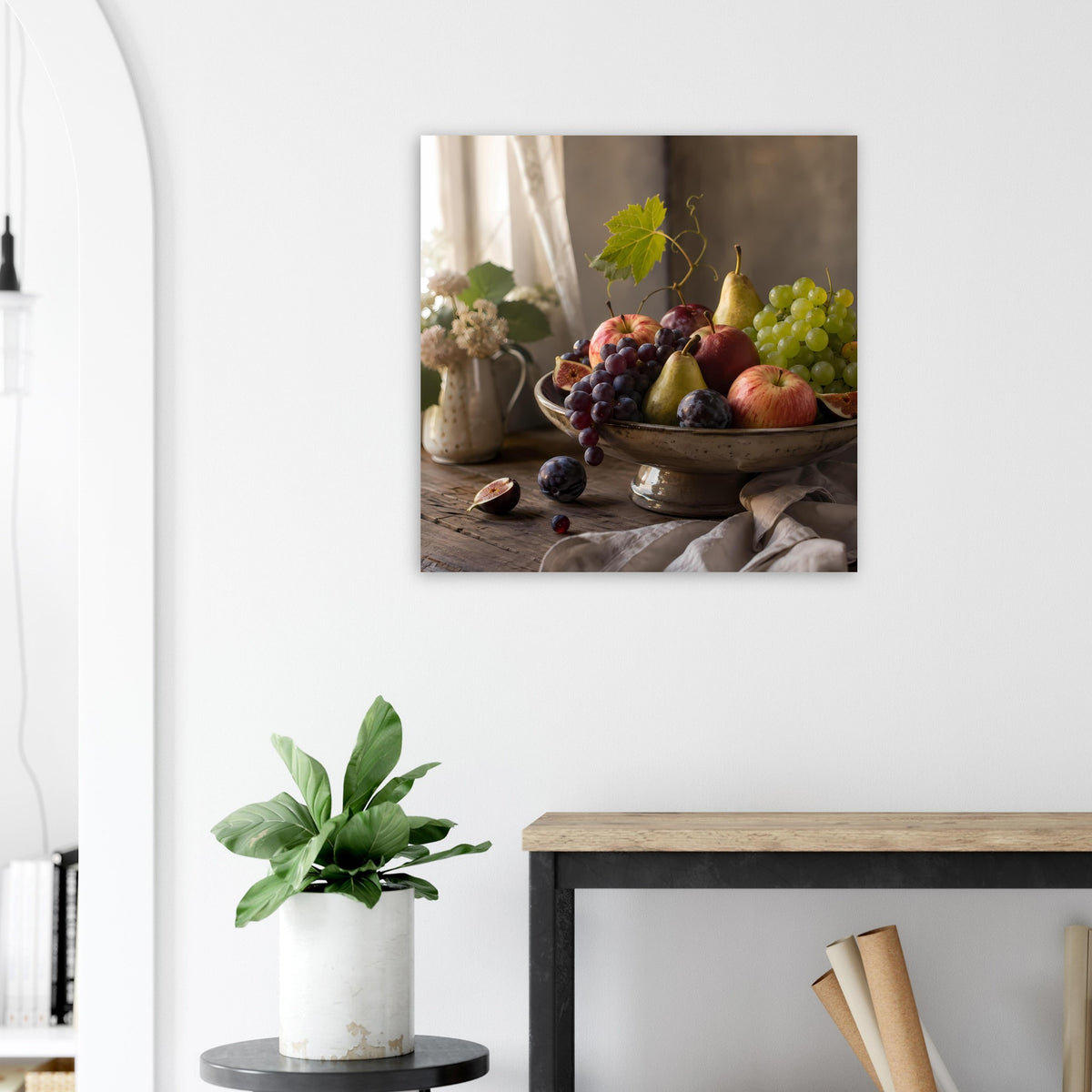 Quadratisches Kunstdruck-Poster mit Obstkorb: bunte Früchte und Weintrauben