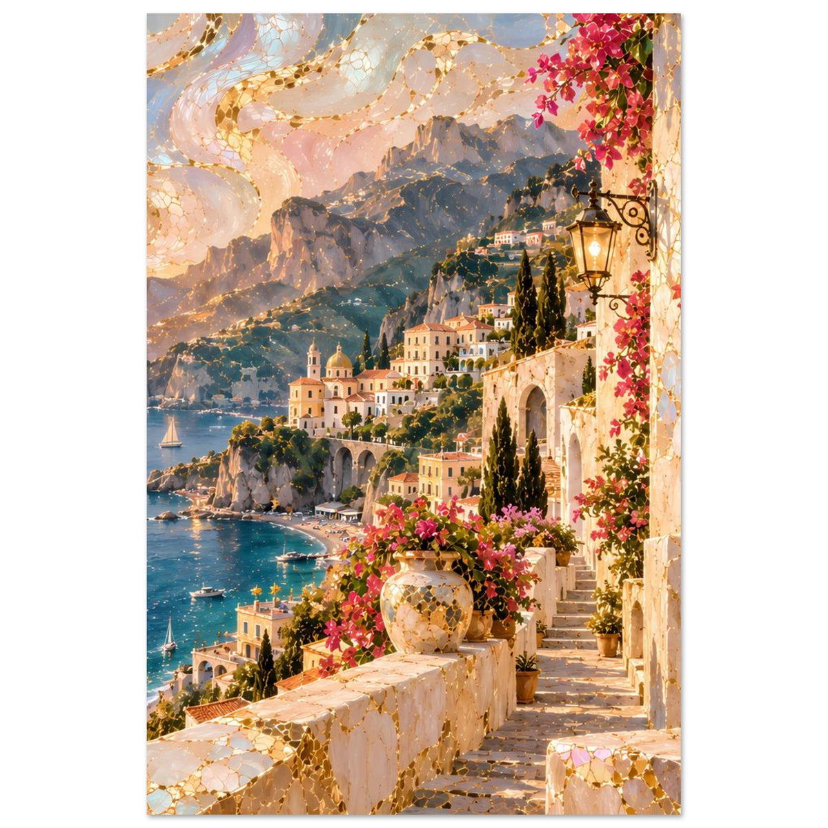 Wandposter mediterrane Bucht mit Häusern, Zypressen und Blumen an einer Steintreppe
