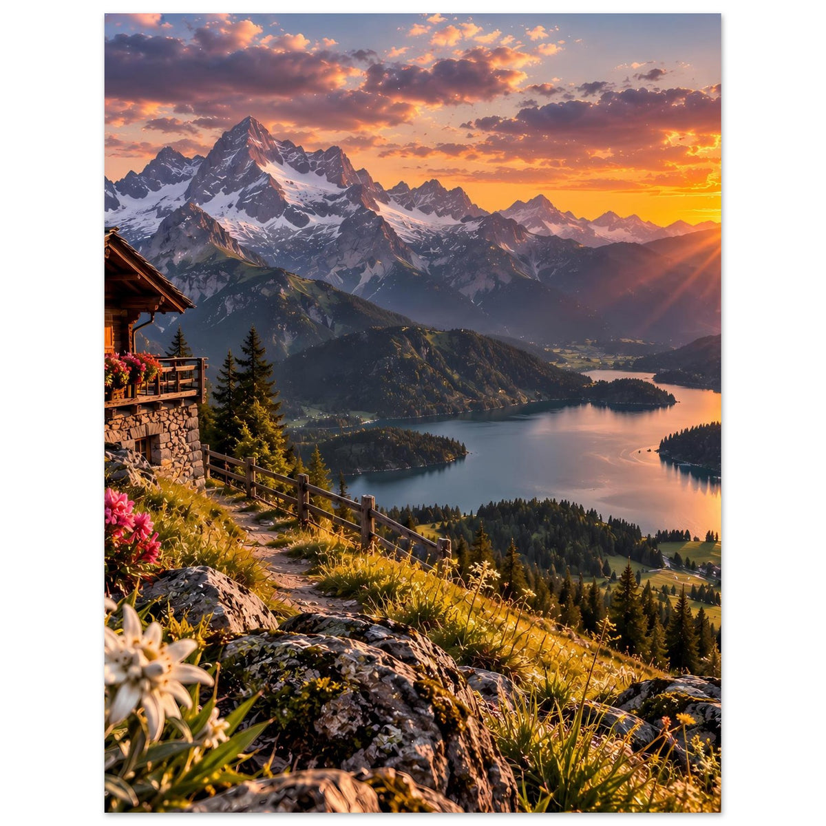 Poster mit Alpenlandschaft bei Sonnenuntergang, Berge und See mit eingezäuntem Hang