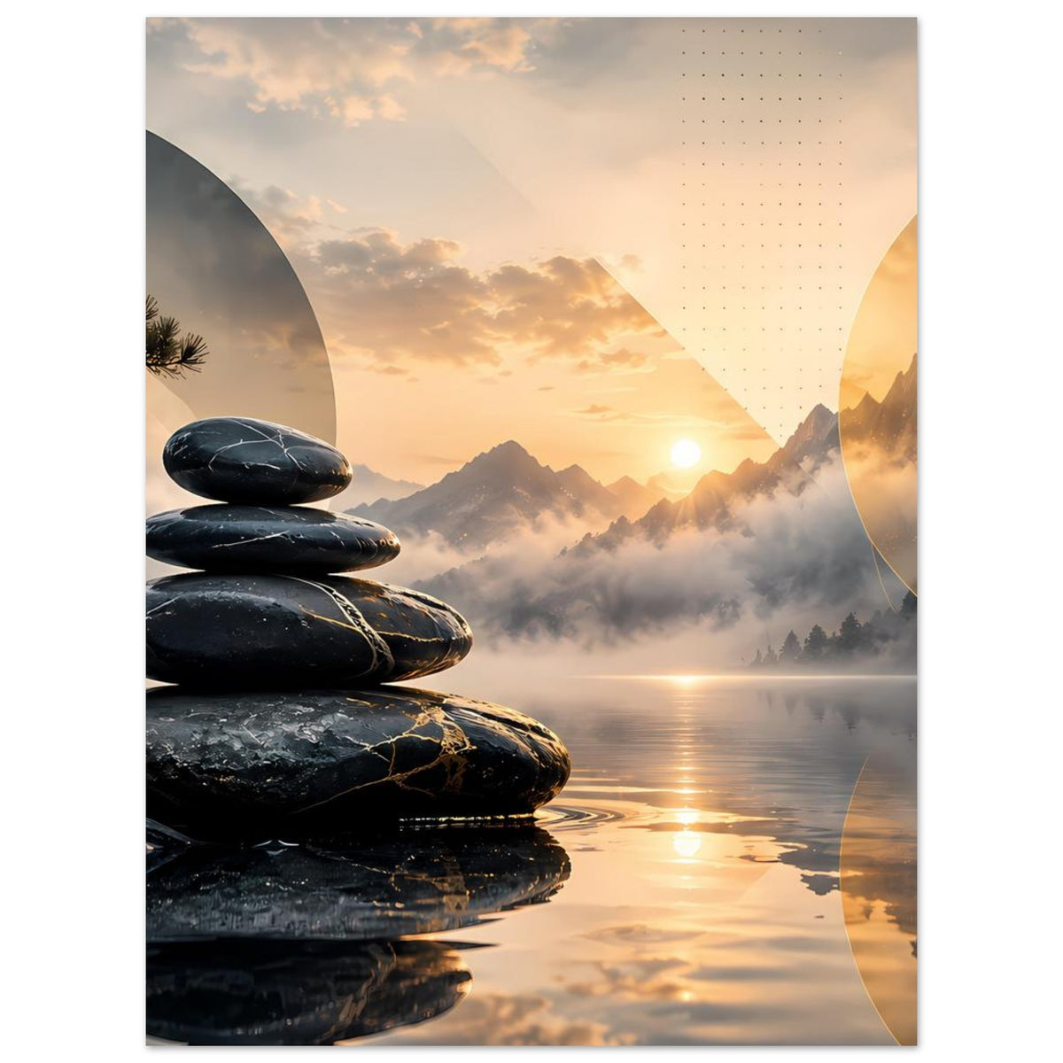 Poster im Hochformat mit Zen-Steinen, Nebel und goldenem Sonnenaufgang über See