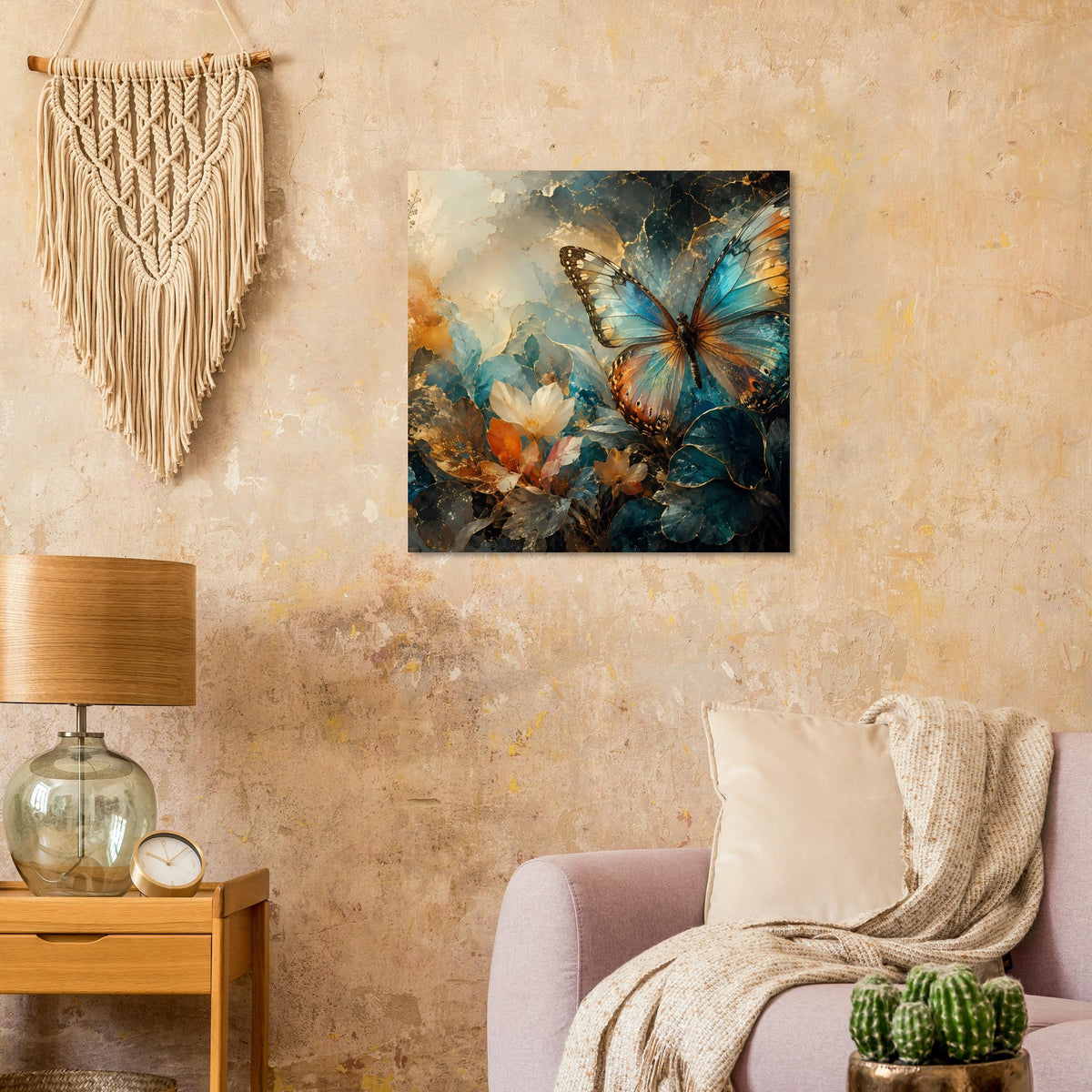 Quadratisches Poster im Rahmen mit Schmetterling in Blau sowie goldbraunen Blüten