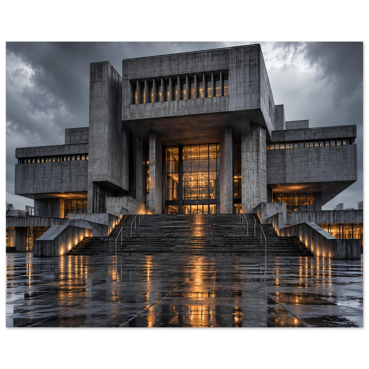 Architekturposter mit zentralem Eingang im Betonbau, breiter Treppe und beleuchteten Fenstern