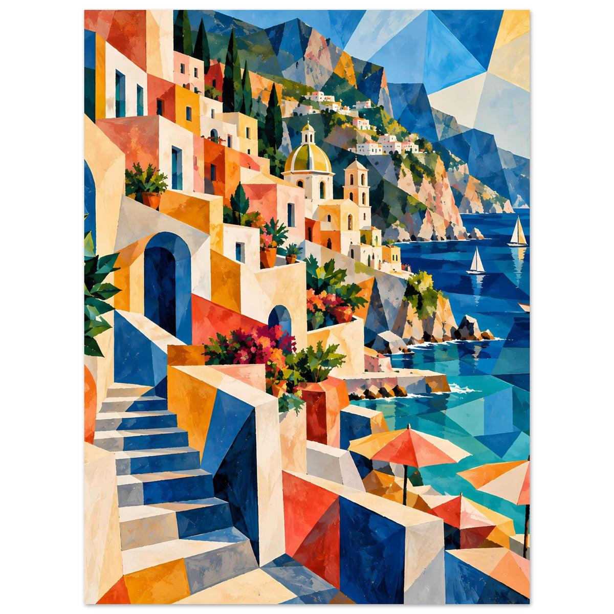 Poster mit mediterraner Küste: Treppe links, Häuser und Kirche, Segelboote im Meer