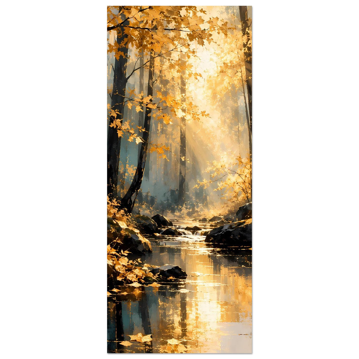 Vertikales Poster: Herbstwald mit goldenem Licht, Bäumen und Flusslauf mit Spiegelung
