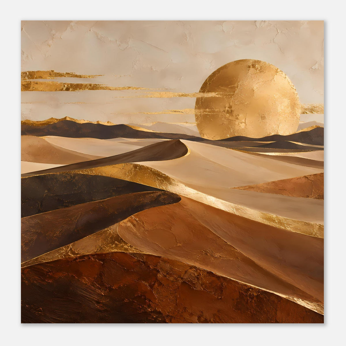 Wüstenlandschafts-Poster mit goldenem Sonnenkreis und Sanddünen, warmes Braun und Gold, gerahmt