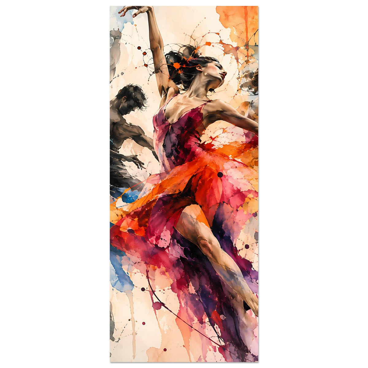 Tanzkunst-Poster im Hochformat mit tanzender Frau im bunten Kleid und Flügeln