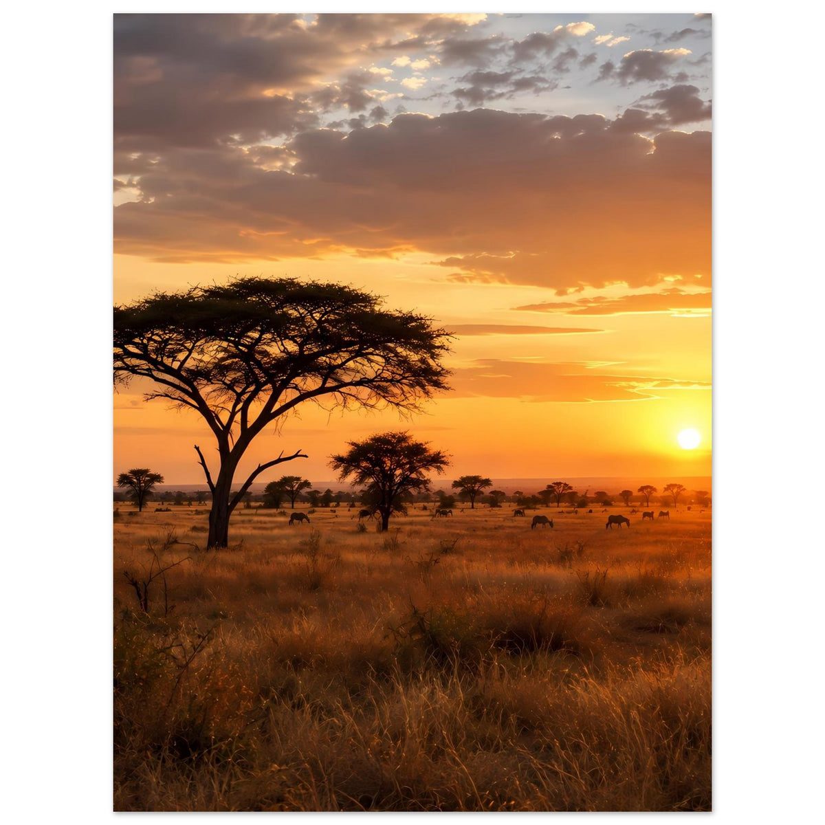 Savannenposter mit Akazienbaum, Abendhimmel mit Wolken und grasige Savanne mit Tieren