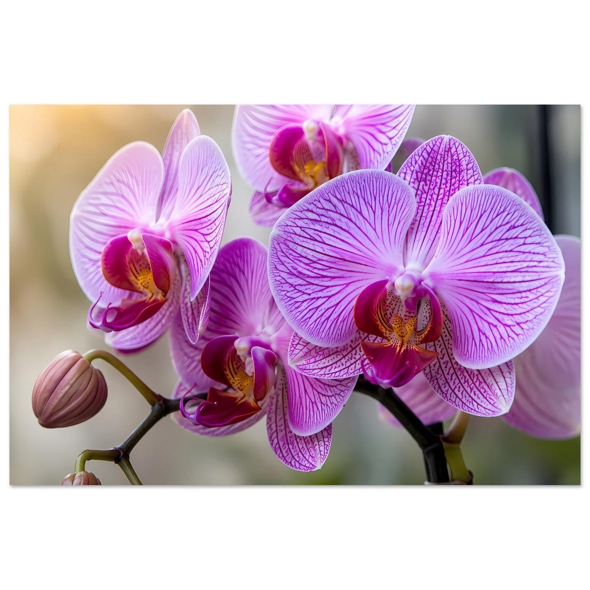 Orchideenposter mit violett-pinken Orchideenblüten und Knospen am verzweigten Stiel