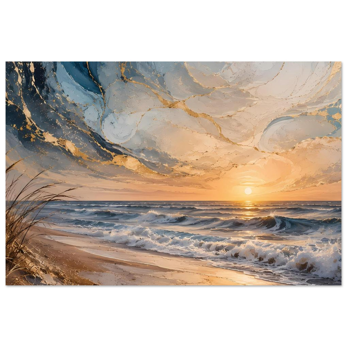 Poster mit Küstenlinie bei Sonnenuntergang, goldene Lichtpunkte im Meer und Strand