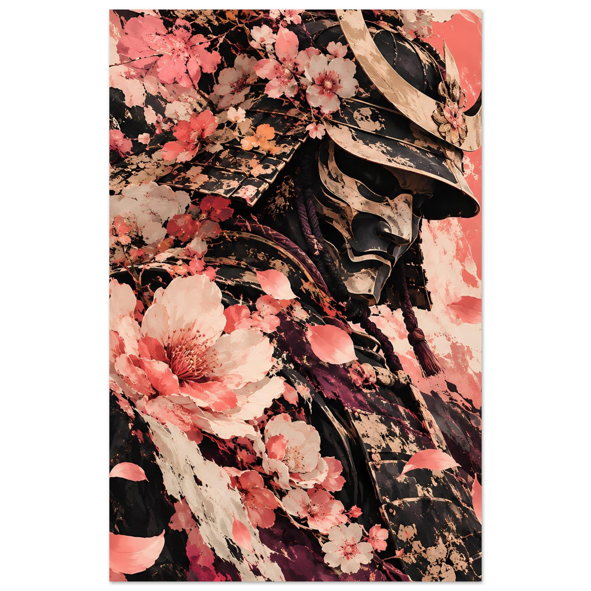 Vertikales Poster mit Samuraihelm im Nahbereich und Kirschblüten in Rosa und Creme.