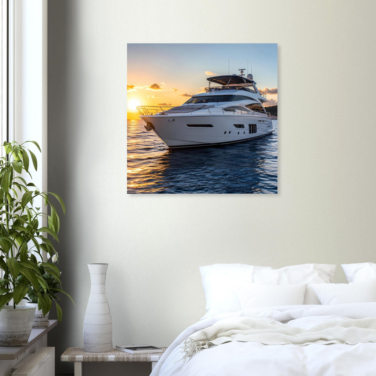 Poster mit Yacht am Wasser, goldene Sonne am Horizont, blauer Meeresspiegel