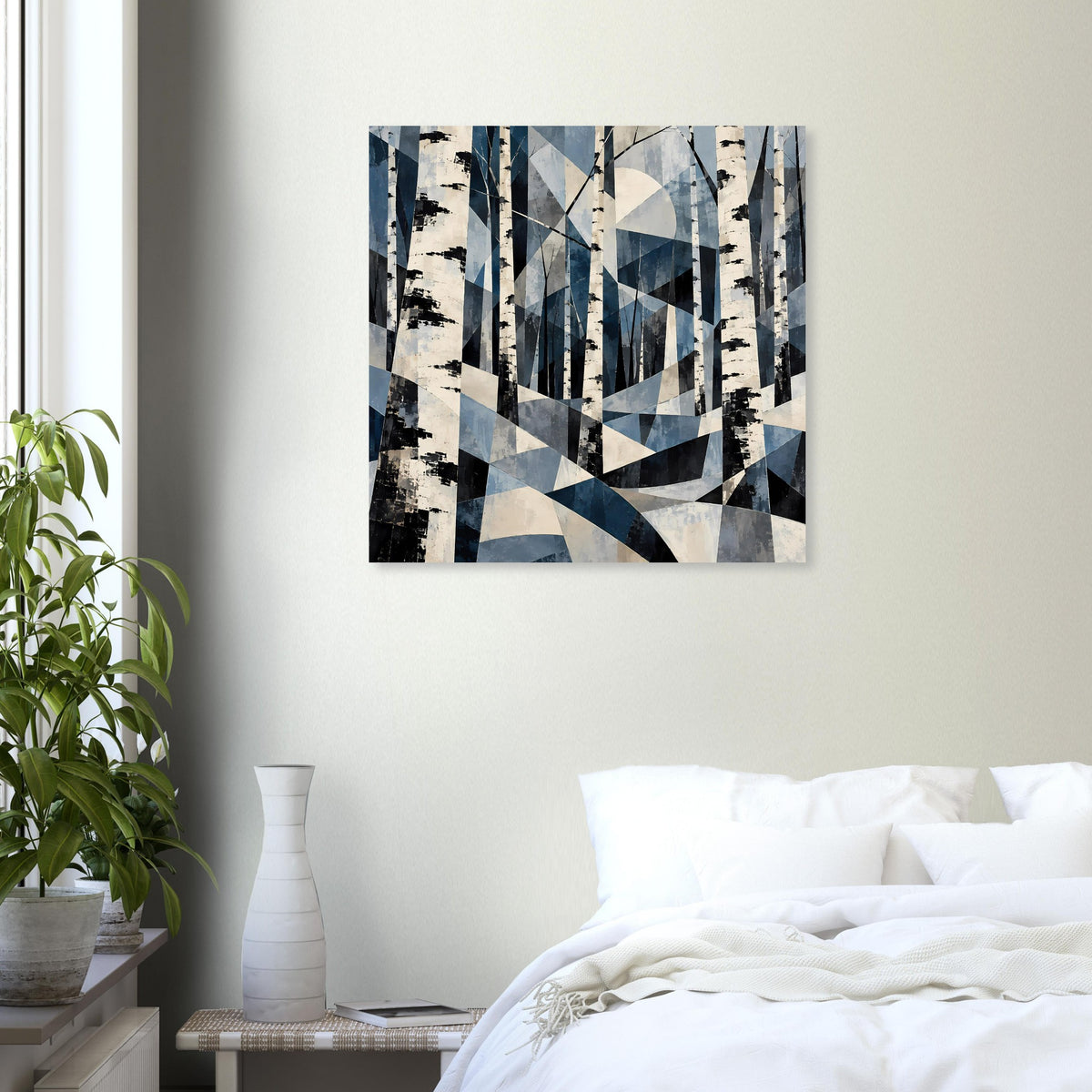 Blaues abstraktes Birkenwald-Poster mit geometrischem Muster, rechteckig