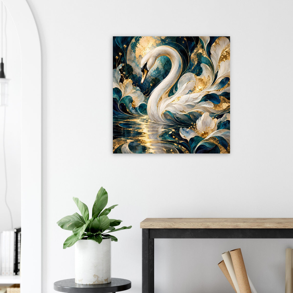 Quadratisches Wandposter mit weißem Schwan, türkisblauen Blättern und goldenen Sprenkeln