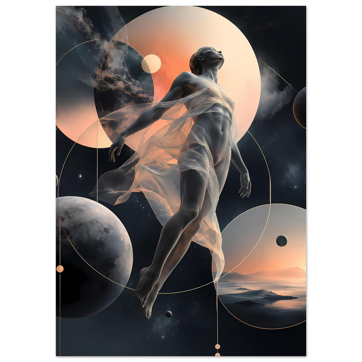 Poster mit schwebender Himmelsfigur, großen Planeten und leuchtenden Kreisen im abstrakten Stil
