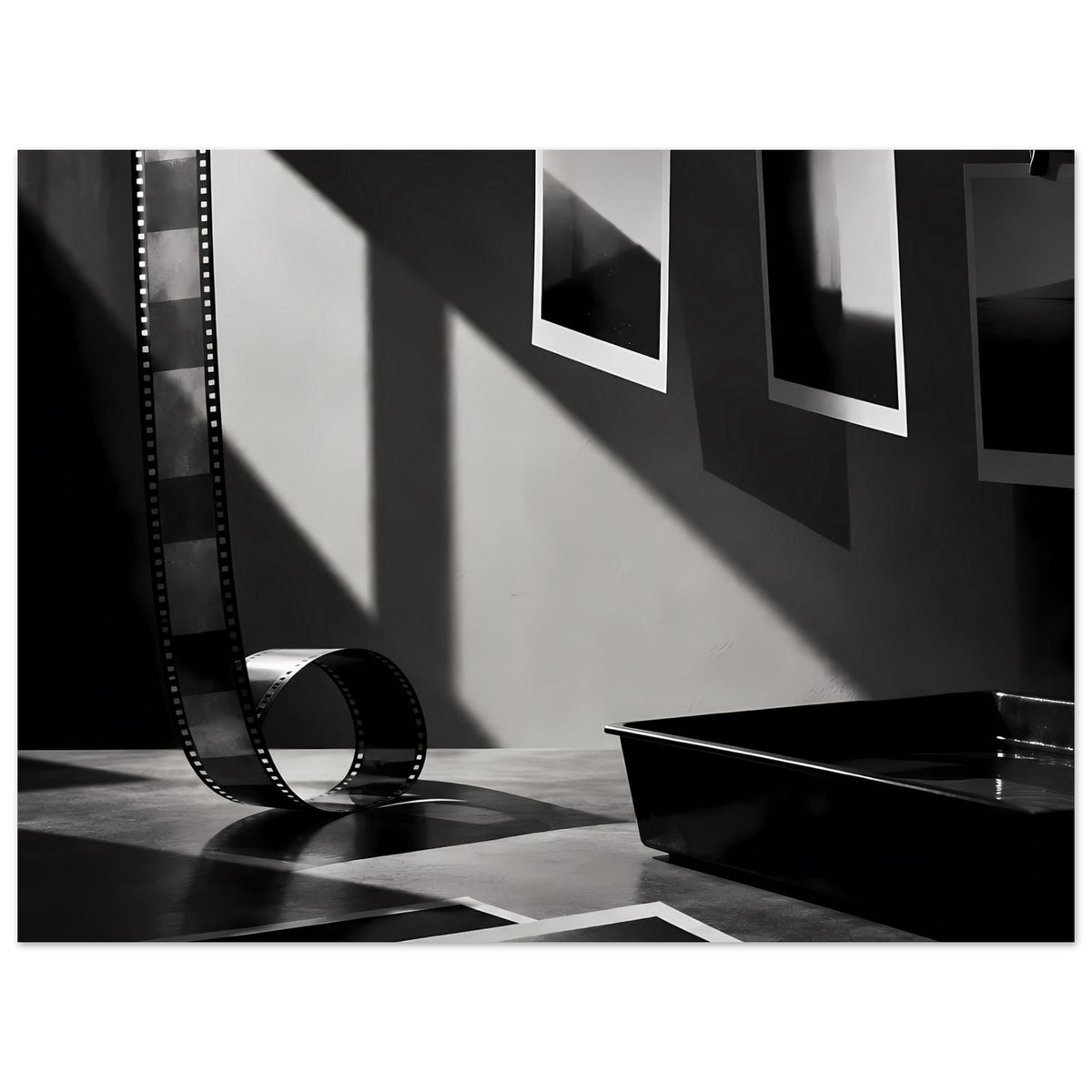 Poster „Analoge Dunkelkammer“ Schwarz-Weiß, Nahansicht: Filmstreifen, Fotopapiere, Schale