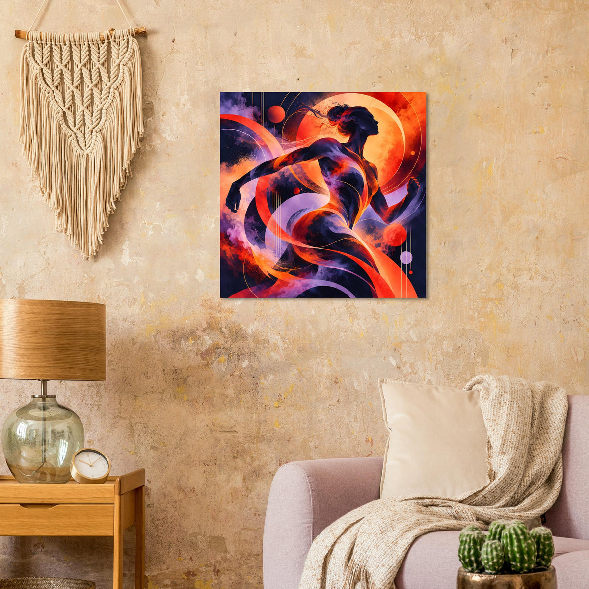 Quadratisches Poster mit Silhouette einer Läuferin, orange-rote Flammenwirbel und Kreise