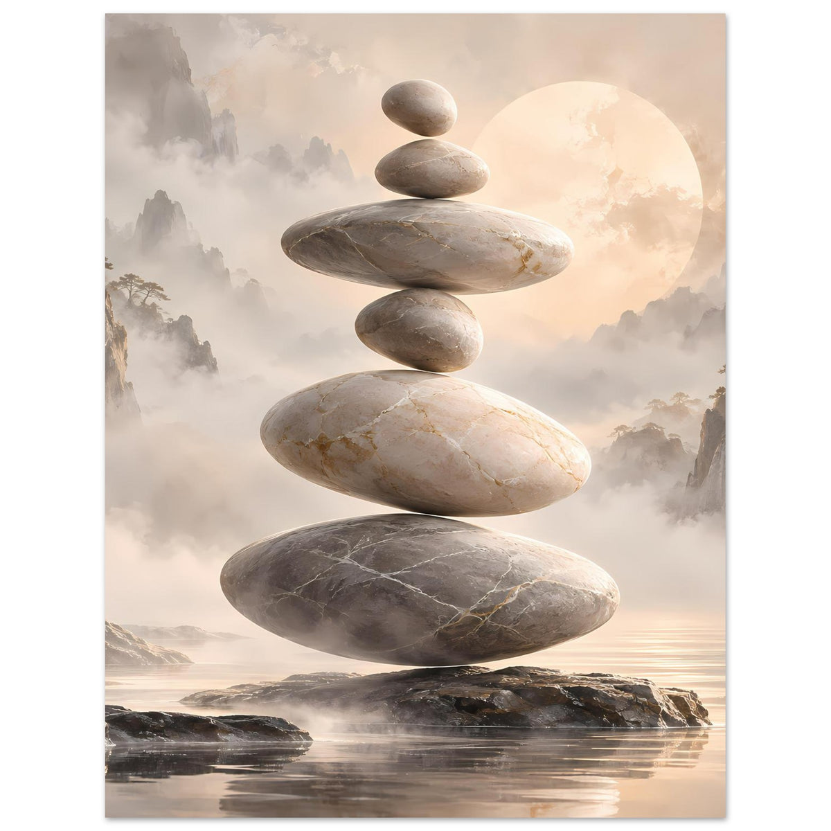Zen-Steine in Balance vor nebligem Hintergrund in sanften Beige- und Grautönen – Posteransicht 3