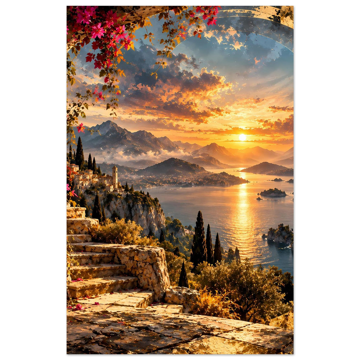 Küstenposter hochkant mit Sonnenuntergang, goldener Wasserfläche und Bergkämmen