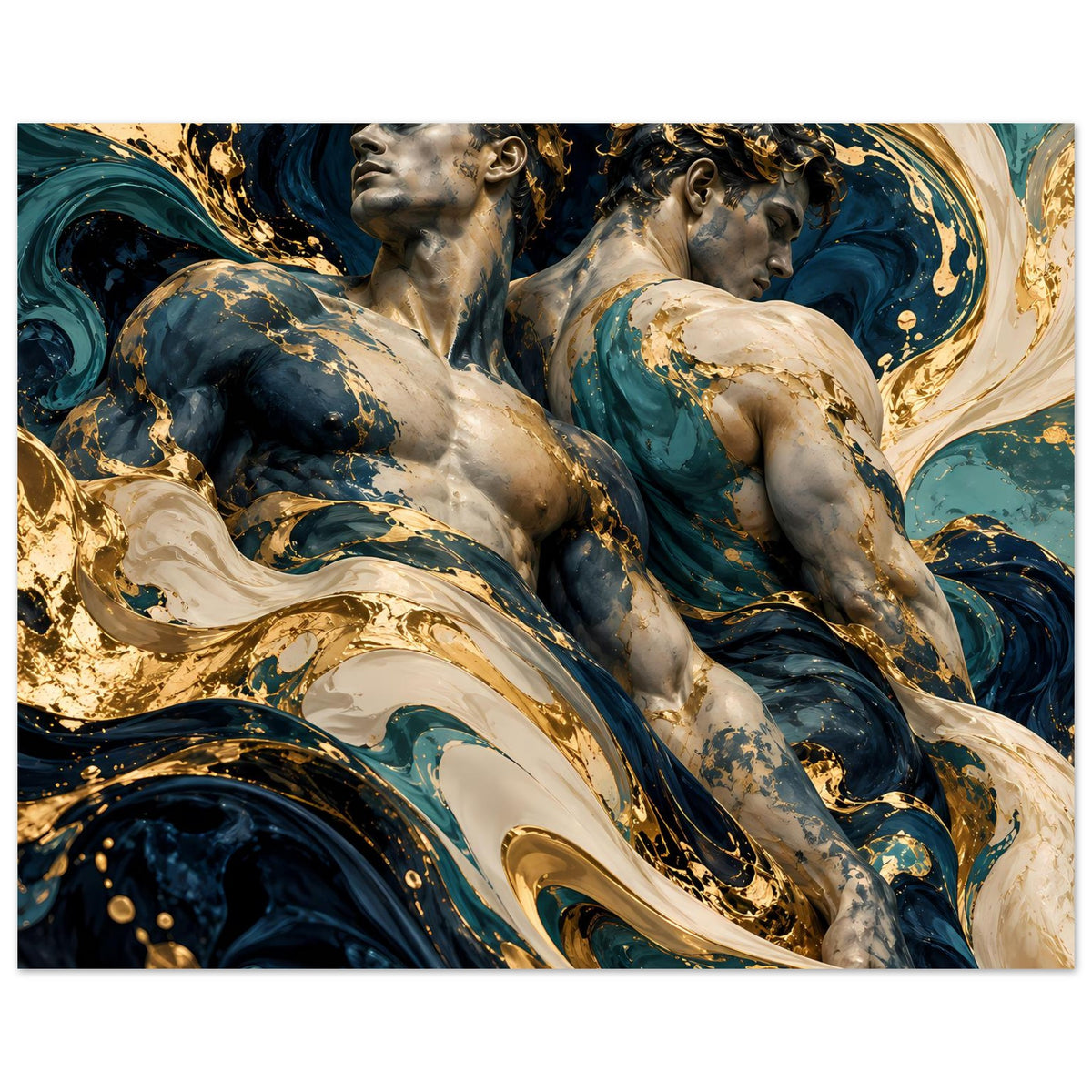Kunstposter mit zwei antiken Figuren in Blau-Gold-Wellen, horizontal