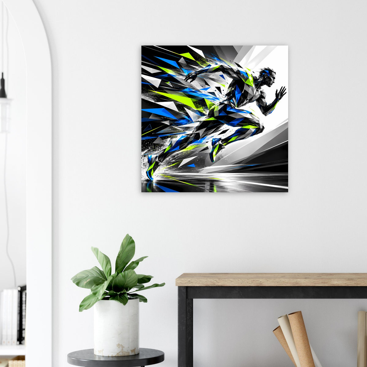 Gerahmtes Laufkunst-Poster mit dynamischen Kanten, laufende Figur in Blau, Schwarz und Neongrün.
