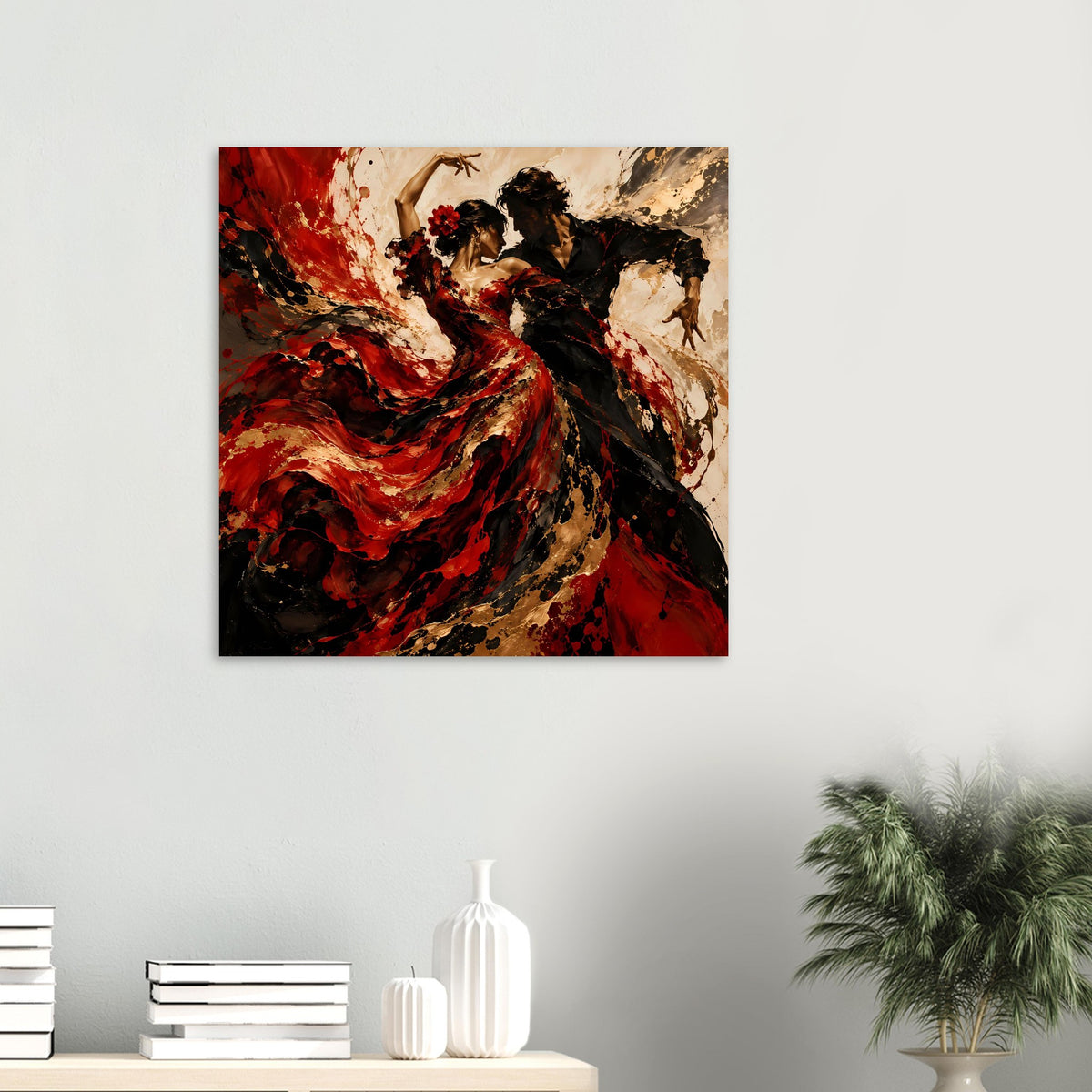 Kleines Poster mit Flamenco-Paar: rotes Kleid, schwarze Details, goldene Farbtupfer und Blumen
