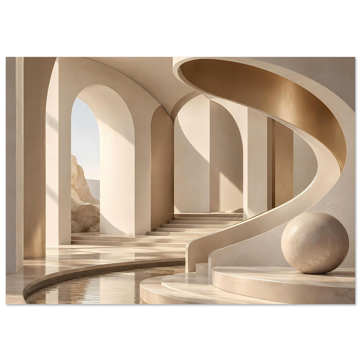 Poster mit Marmorarchitektur: Galerie aus Rundbögen, Treppe, Wasserbecken und Steinfigur