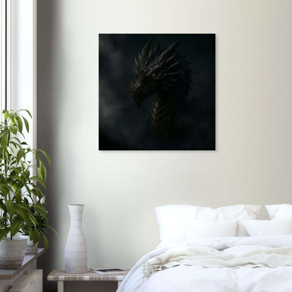 Quadratisches Poster mit schwarzem Drachenkopf, markante Zacken und Schuppen