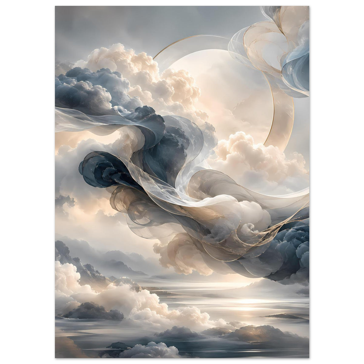 Abstraktes Wolkenmotiv mit kreisenden Schleierwolken und warmem Sonnenaufgang