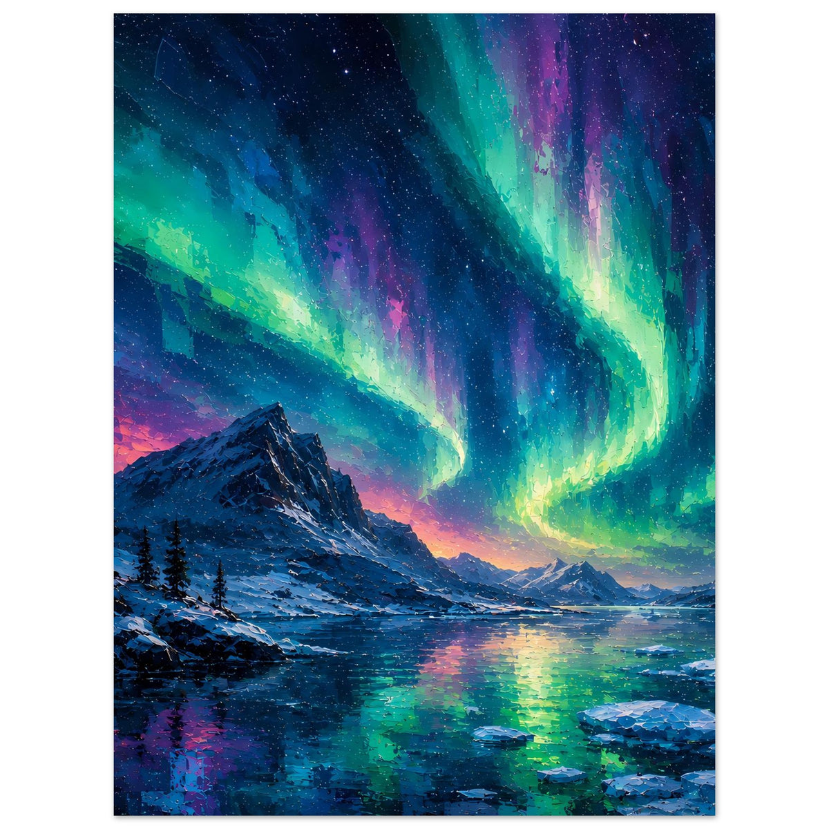 Kunstposter mit Nordlichtstrahlen über Berggipfeln, Seeufer mit Reflexionen