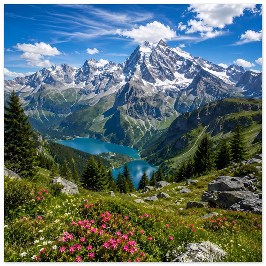 Alpenlandschaftsposter mit schneebedeckten Bergen, See im Tal und pinken Blumenwiesen