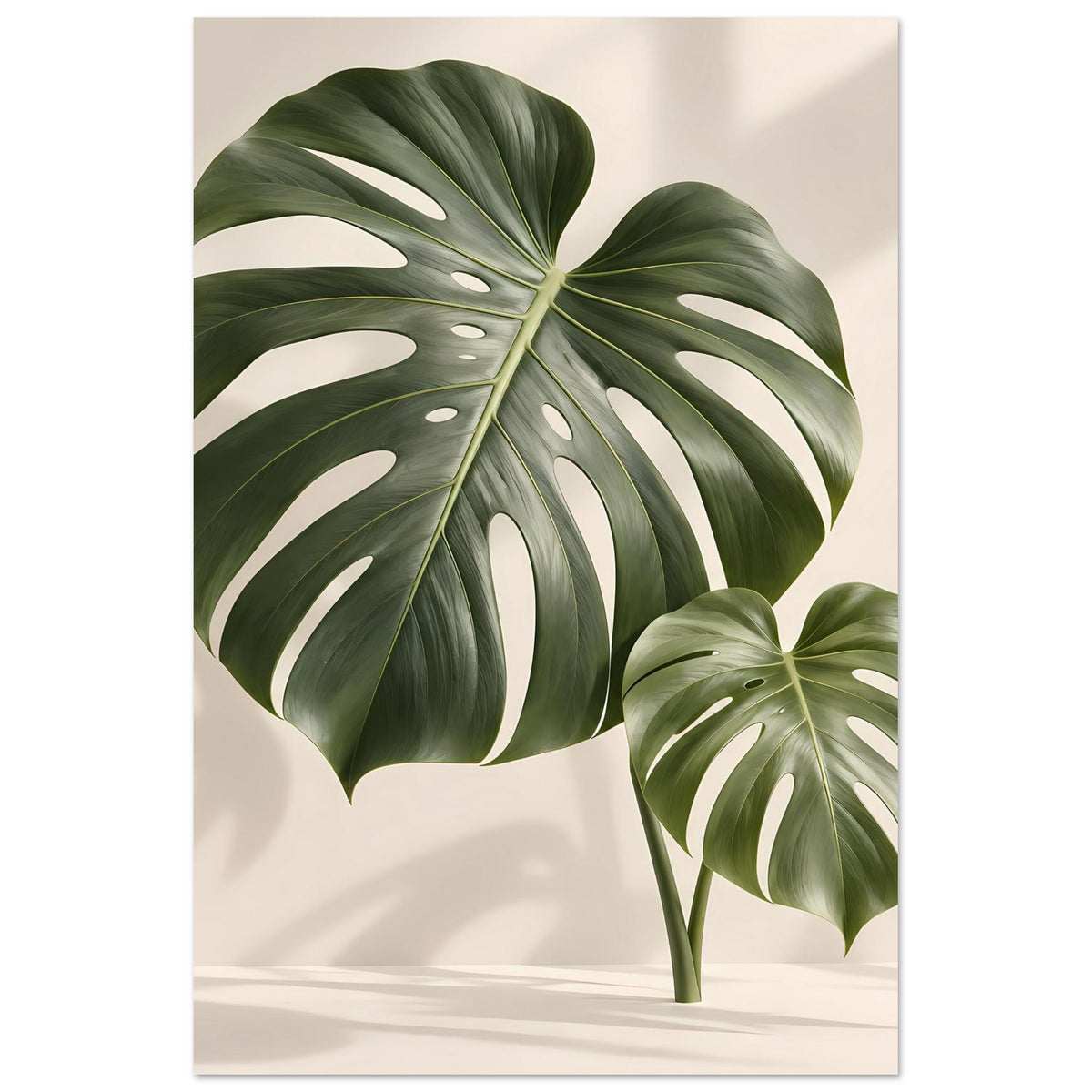 Poster mit Monstera-Blättern: großes Blatt links, kleineres Blatt rechts, tropisches Motiv
