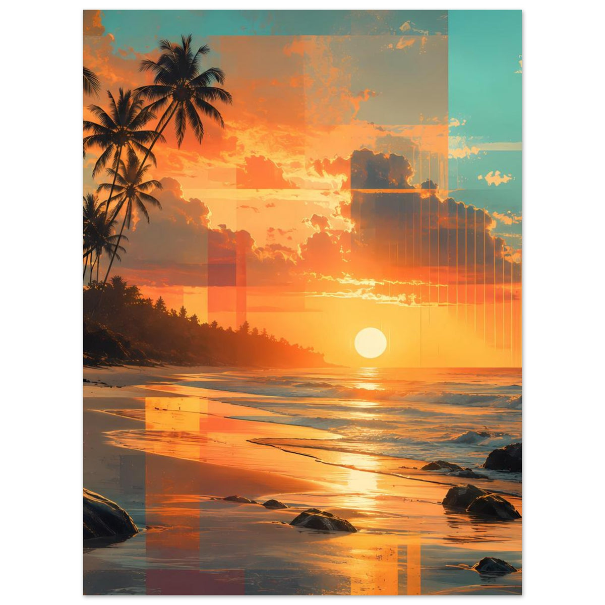 Sonnenuntergangs-Strandposter im Hochformat mit Palmen, Sonnenuntergang und Meerblick
